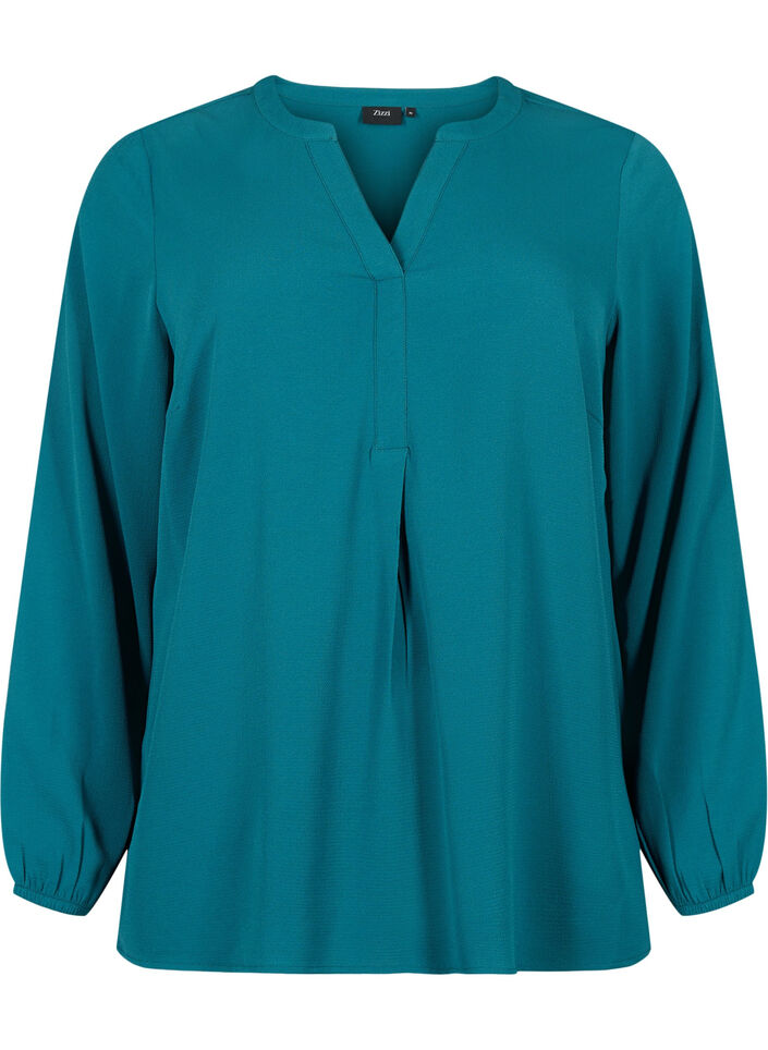 Ensfarvet bluse med v-hals, Deep Teal, Packshot image number 0
