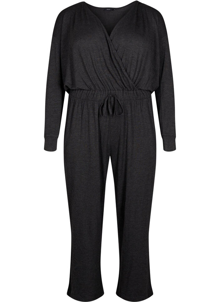 Jumpsuit med wrap og bindebånd, Dark Grey Melange, Packshot image number 0