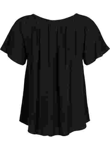 Ensfarvet viskose bluse med korte ærmer, Black, Packshot image number 1