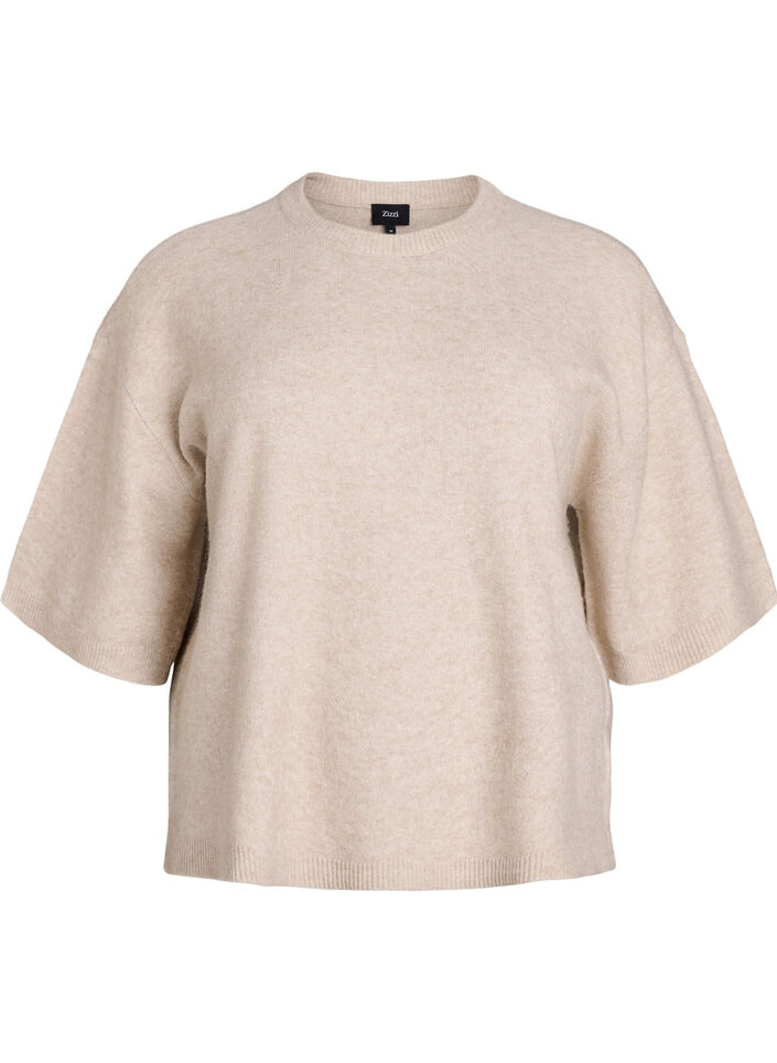 L&oslash;s strikbluse med korte &aelig;rmer, Beige, Packshot image number 0