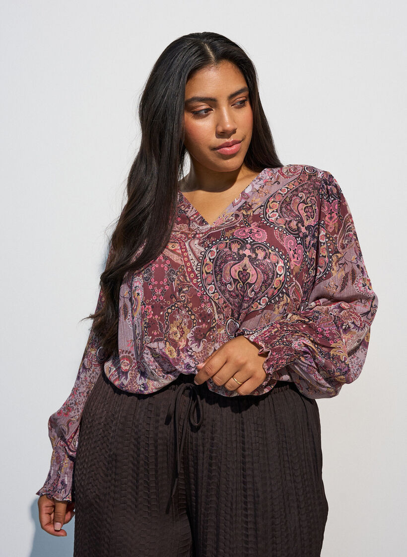 Tunika med paisleyprint og smockmanchetter, Lyser&oslash;d, Model image number 0