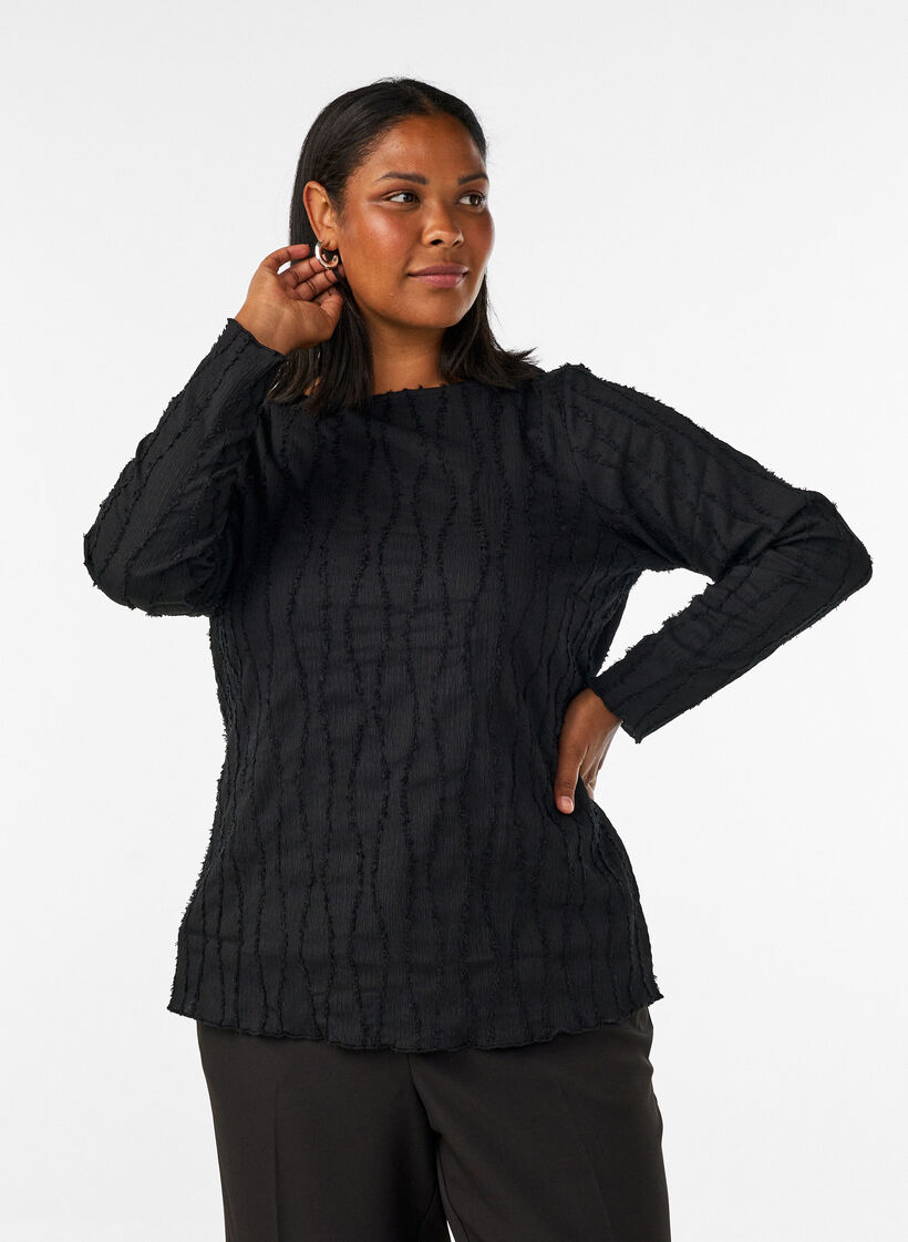 Jerseybluse med b&oslash;lget struktur, Sort, Model image number 0