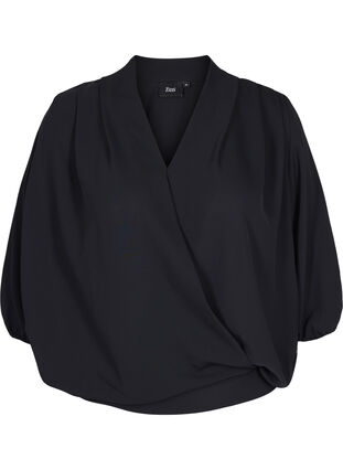 Wrap-look bluse med v-hals og 3/4 ærmer, Black, Packshot image number 0