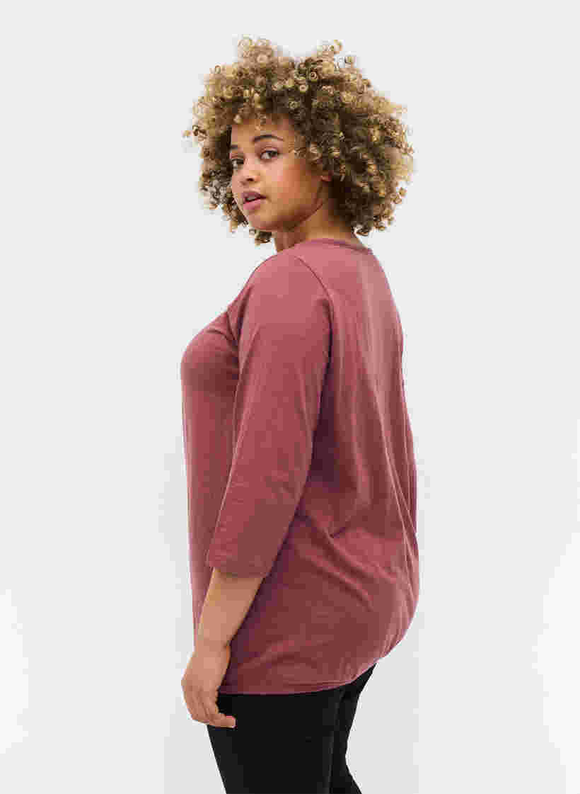 Ensfarvet bluse med 3/4 ærmer i bomuld, Rose Brown, Model image number 1