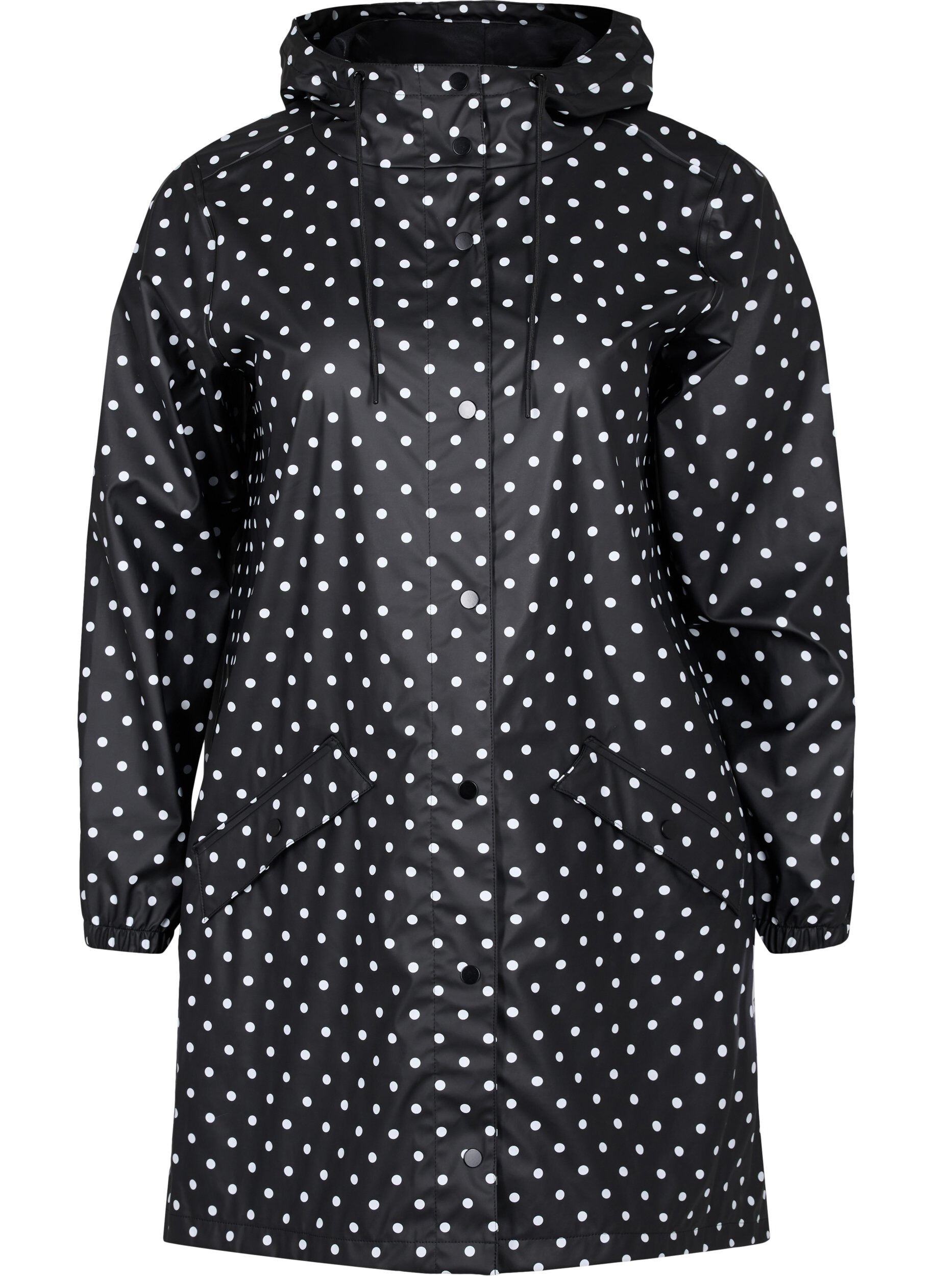 Zizzi Prikket regnjakke med h&aelig;tte, Black W/White Dot, Packshot image number 0