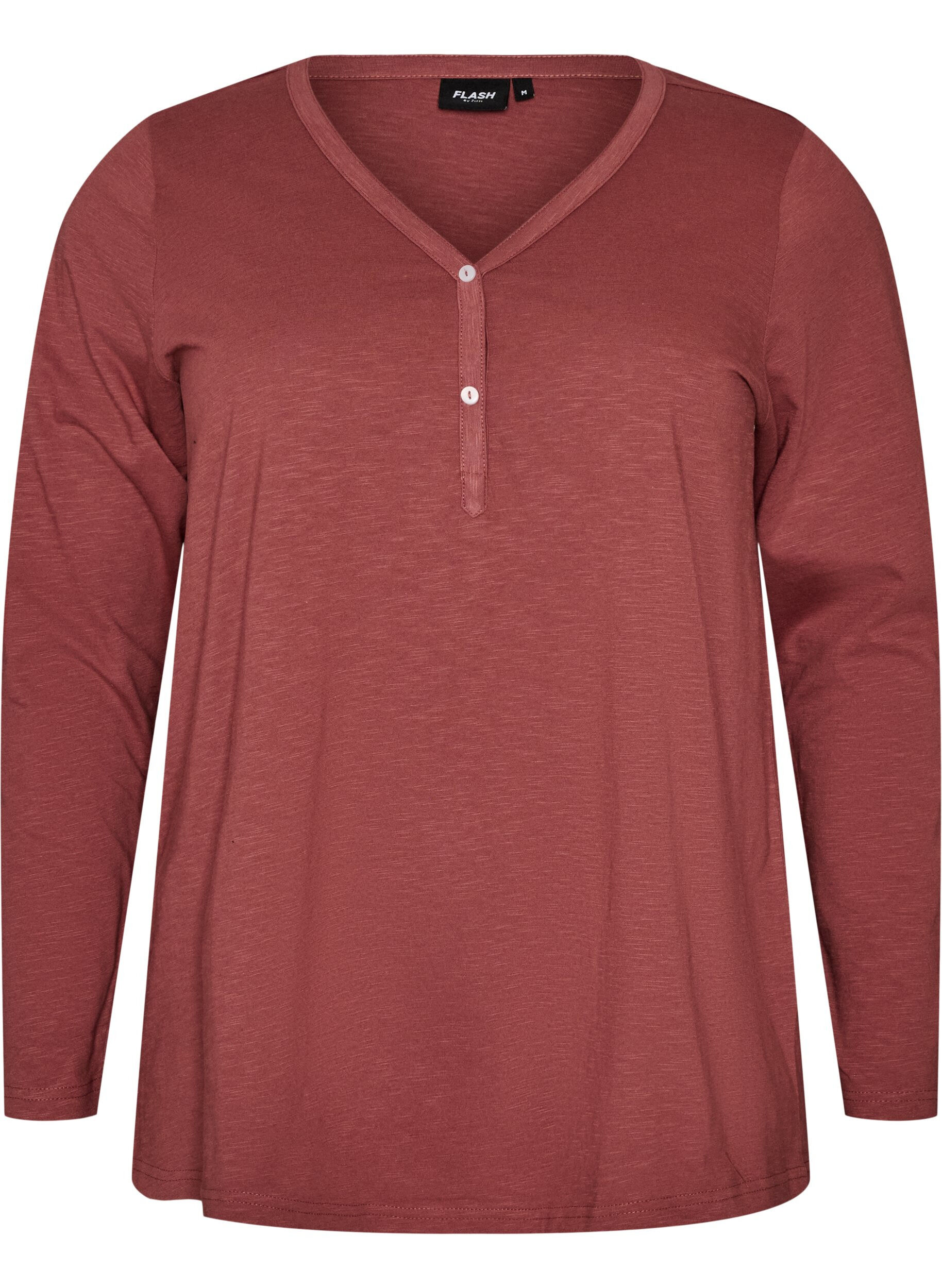 FLASH - Lang&aelig;rmet t-shirt med V-hals og knapper