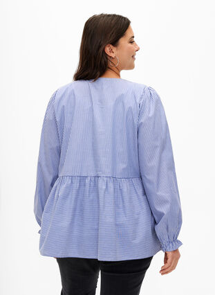 Stribet bluse i bomuld med bindedetalje , Baja Blue Stripe, Model image number 1