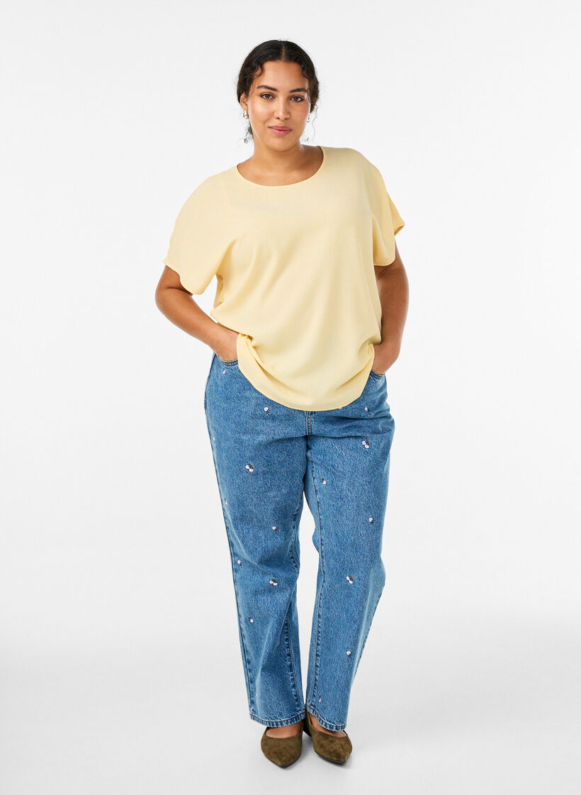 Bluse med korte &aelig;rmer og rund halsudsk&aelig;ring , Gul, Model image number 1