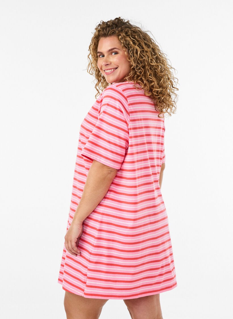 Lang oversize T-shirt i &oslash;kologisk bomuld med striber, Lyser&oslash;d, Model image number 2
