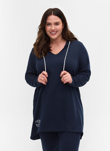 Lang sweatshirt med v-hals og hætte, Dark Sapphire, Model image number 0
