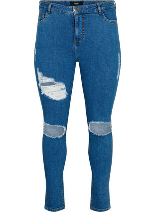 Tætsiddende jeans med sliddetaljer, Blue denim, Packshot image number 0