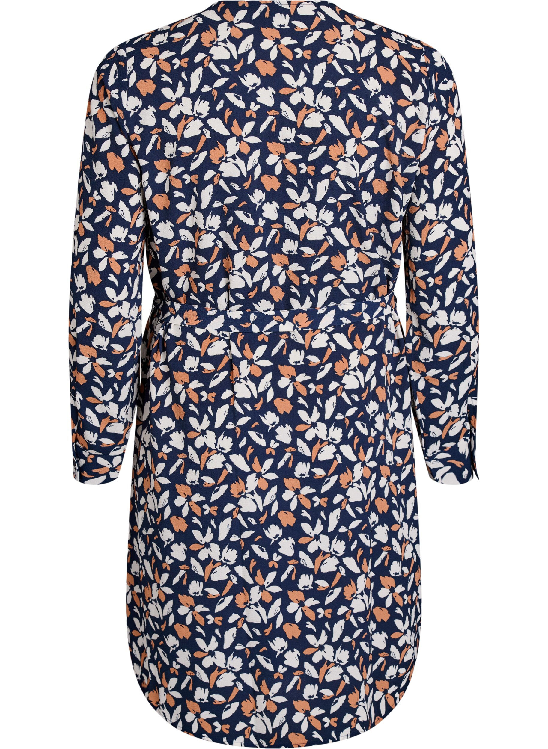 Zizzi Lang&aelig;rmet skjortekjole med bindeb&aring;nd, Bl&aring;, Packshot image number 1