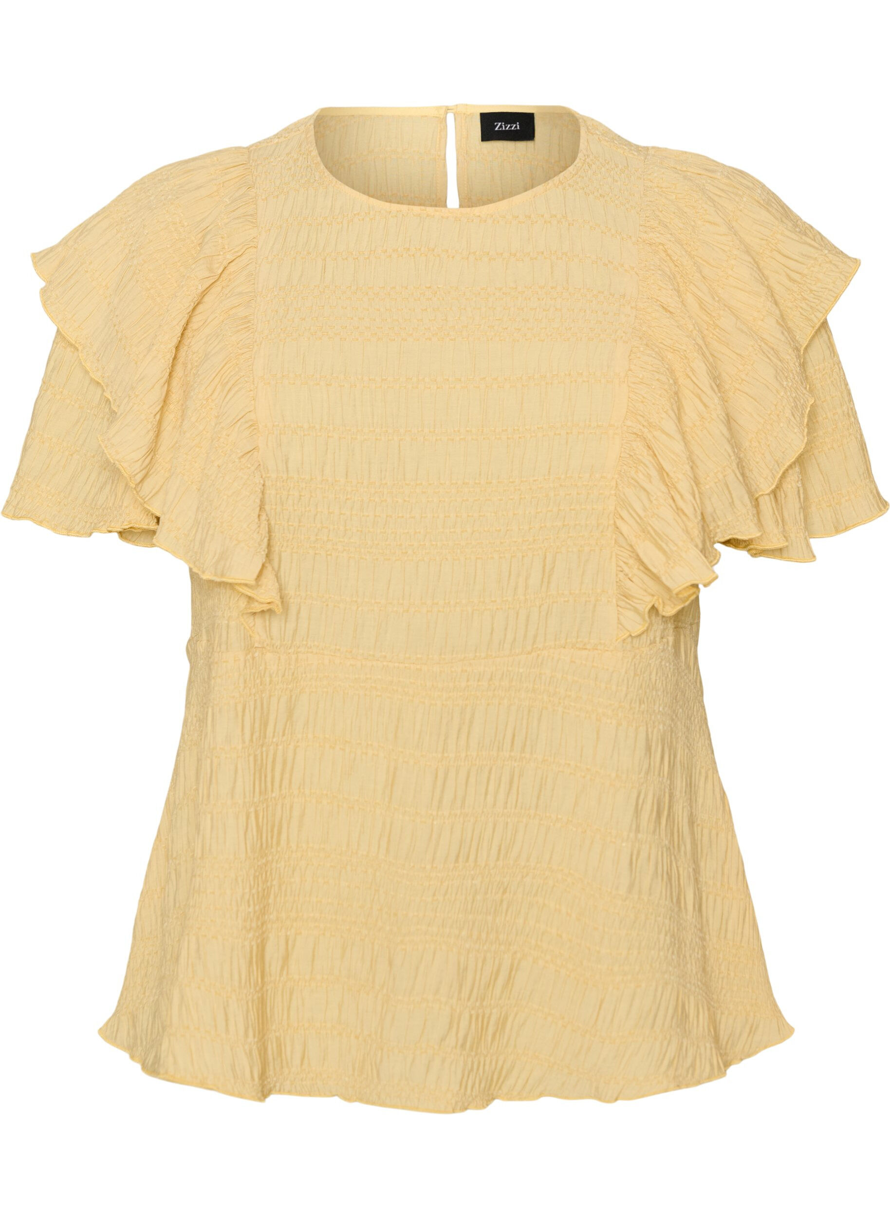 ZizziBluse med smock-struktur og fl&aelig;se&aelig;rmer, Gul, Packshot image number 0
