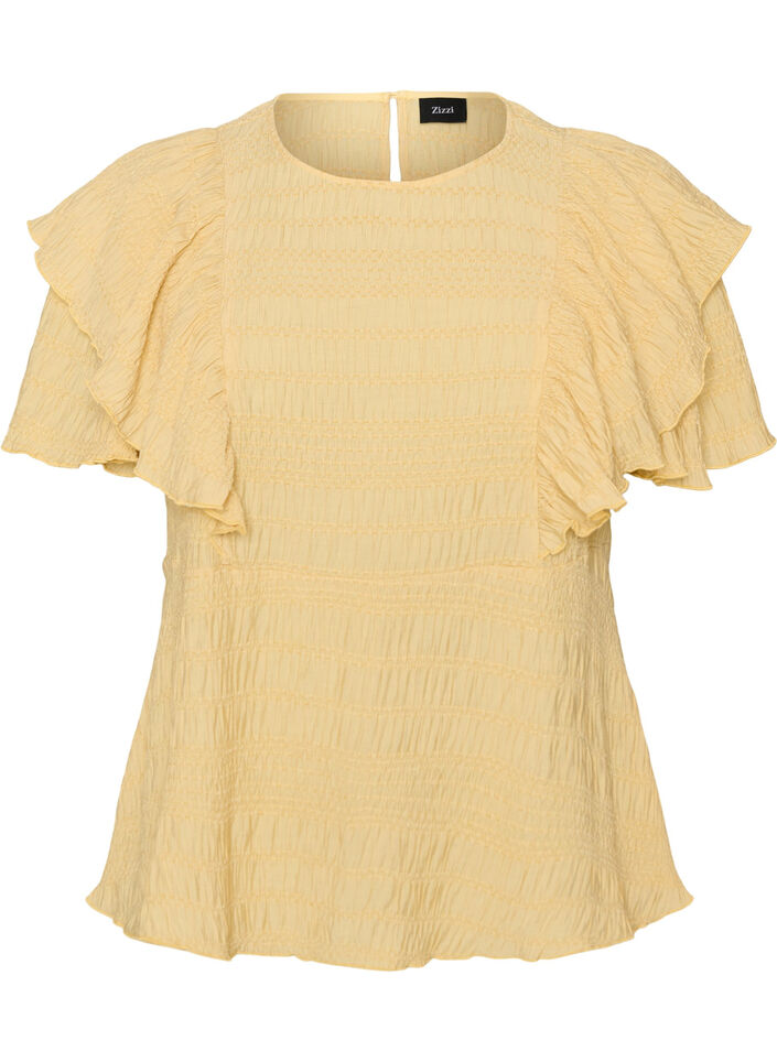 Bluse med smock-struktur og fl&aelig;se&aelig;rmer, Gul, Packshot image number 0