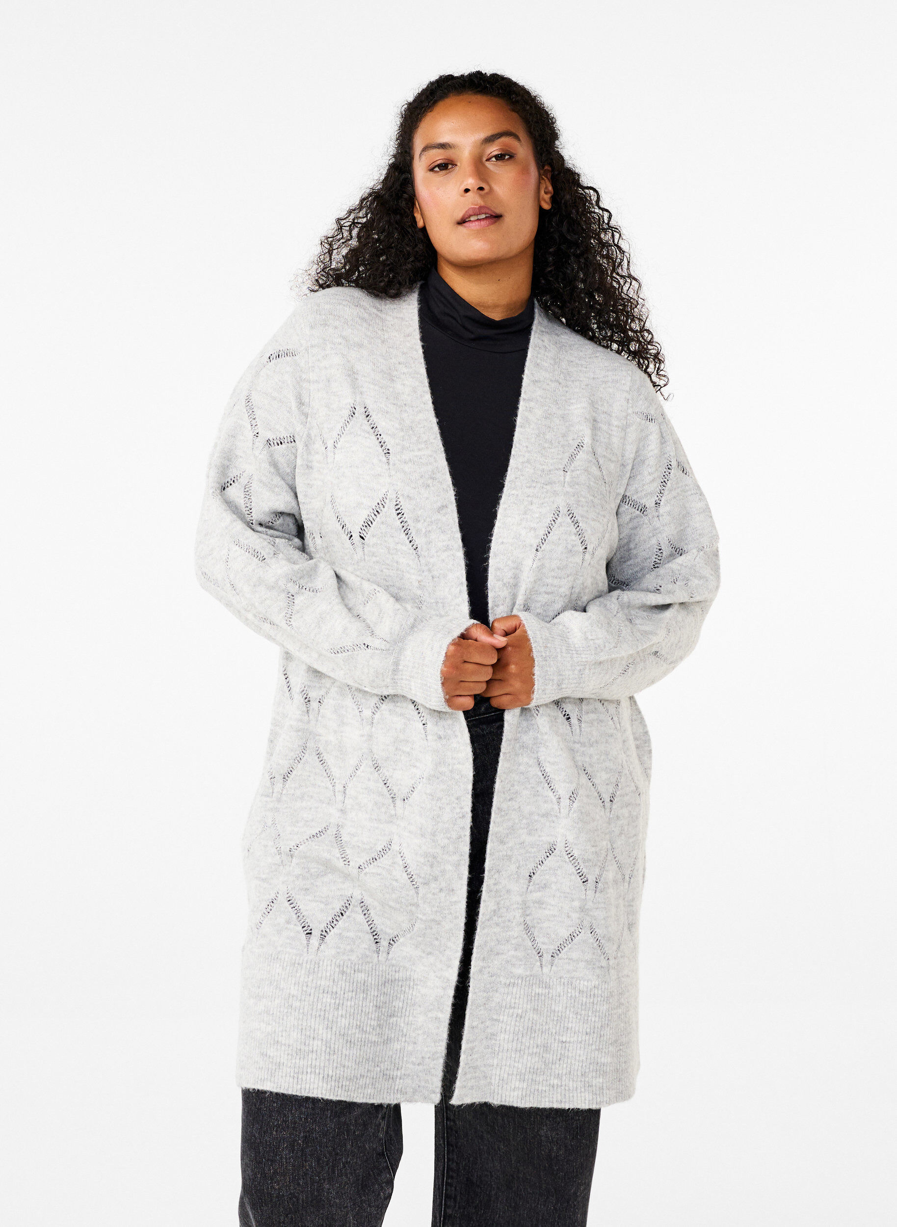 Zizzi Lang&aelig;rmet strikcardigan, Light Grey Melange, Model image number 0