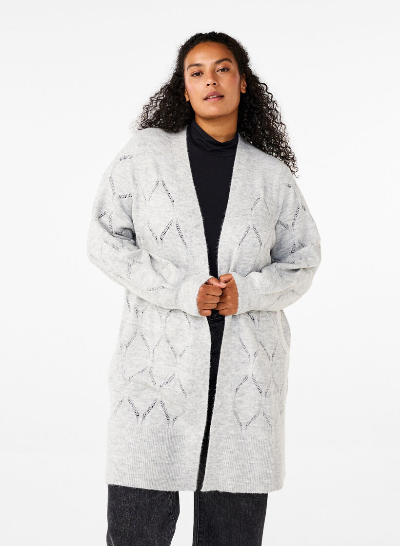 Langærmet strikcardigan, Light Grey Melange, Model image number 0