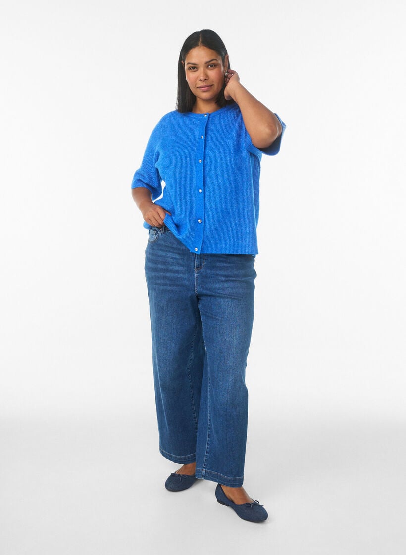 Strikcardigan med korte &aelig;rmer og blanke kugleknapper, Bl&aring;, Model image number 1