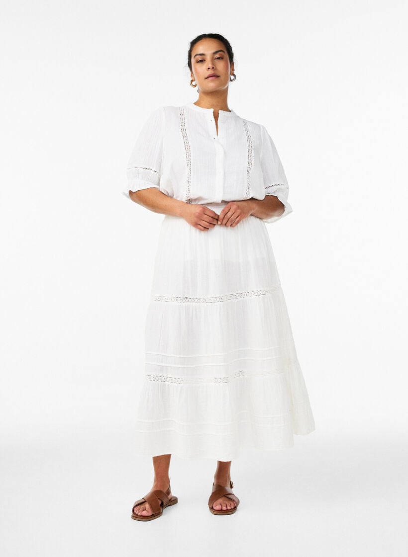 A-formet midi nederdel i bomuldsmusselin med crochetb&aring;nd, Hvid, Model image number 0