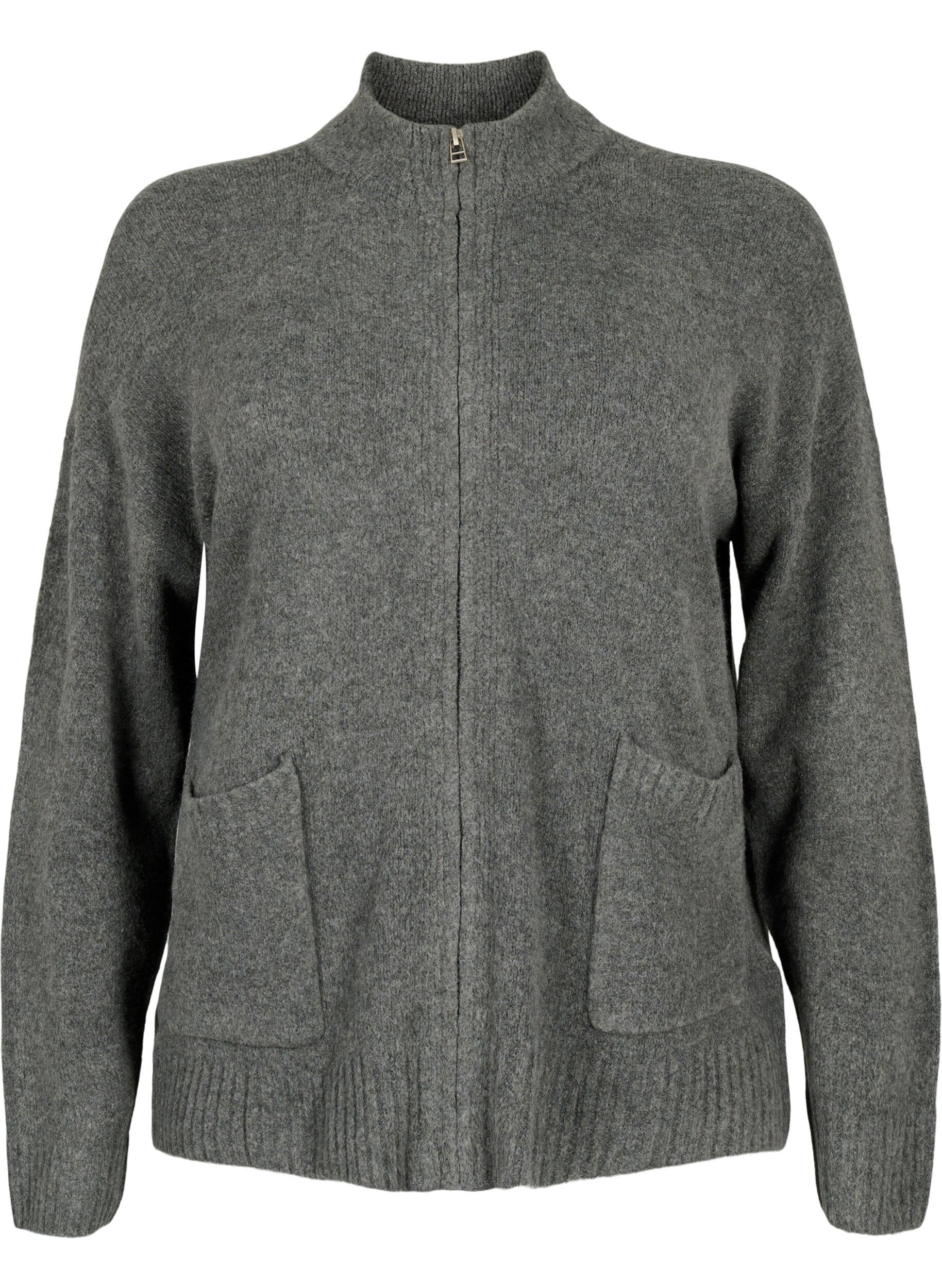 Zizzi Strikket cardigan med lynl&aring;s og lommer, Dark Grey Melange, Packshot image number 0