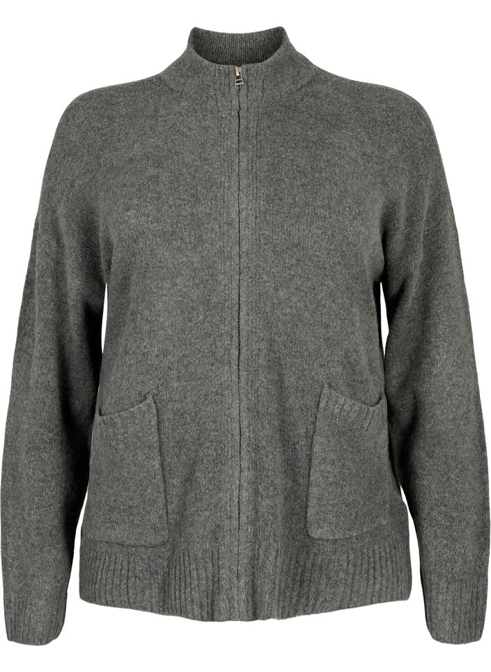 Strikket cardigan med lynlås og lommer, Dark Grey Melange, Packshot image number 0