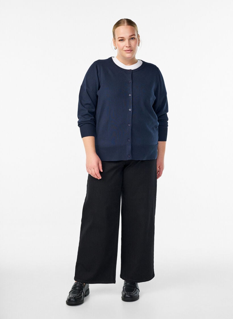 Finstrikket cardigan med rund hals, Bl&aring;, Model image number 1