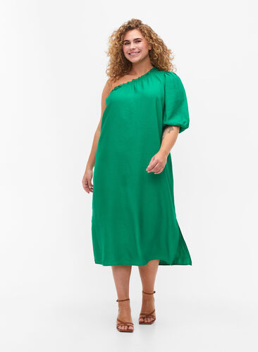 One-shoulder kjole i viskose, Deep Mint, Model image number 0