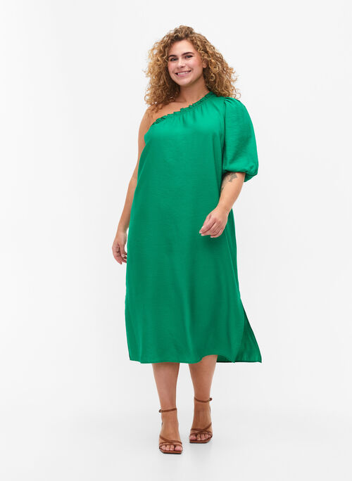 One-shoulder kjole i viskose, Deep Mint, Model