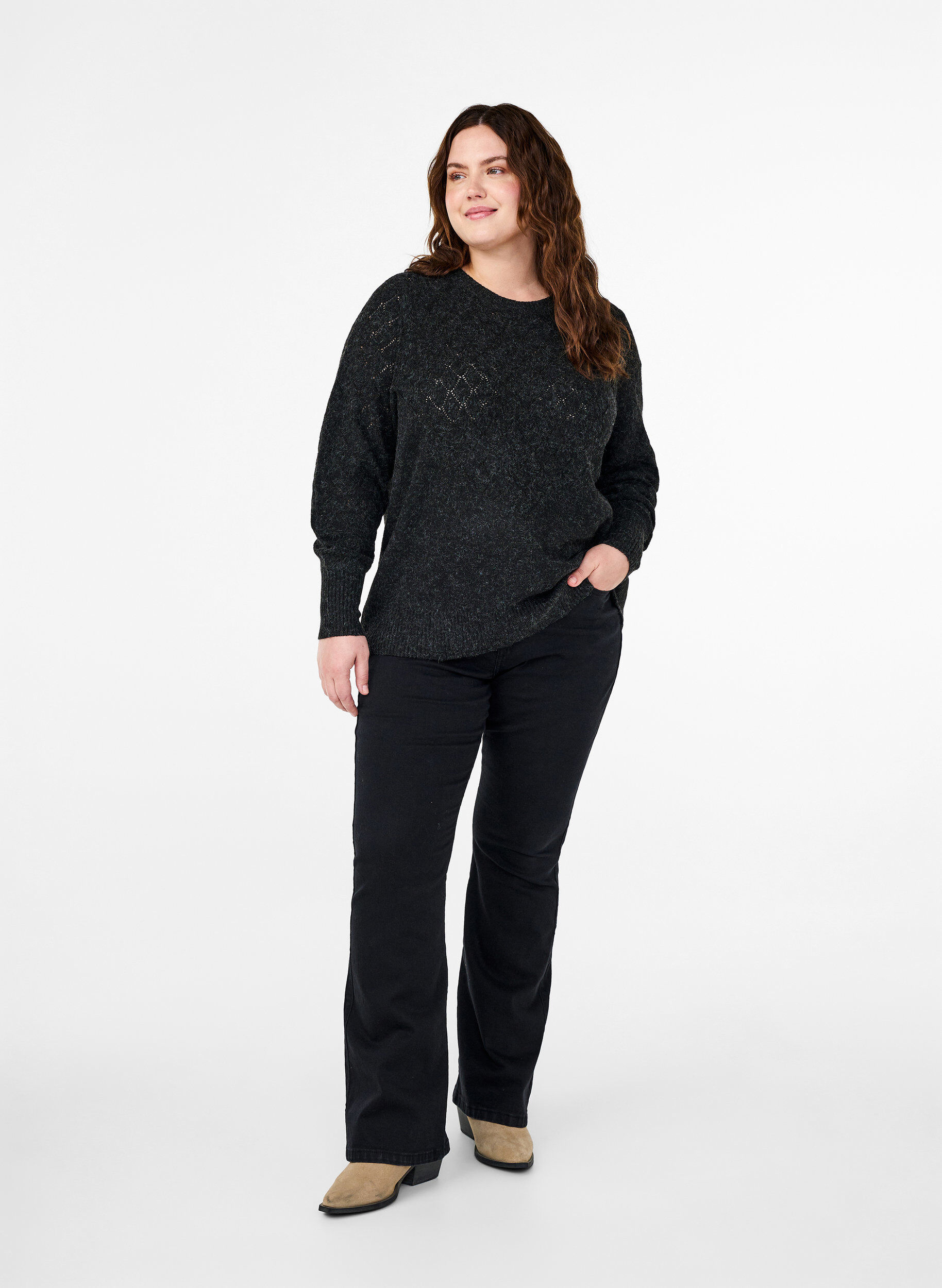 Zizzi Strikbluse med hulm&oslash;nster, Dark Grey Melange, Model image number 2