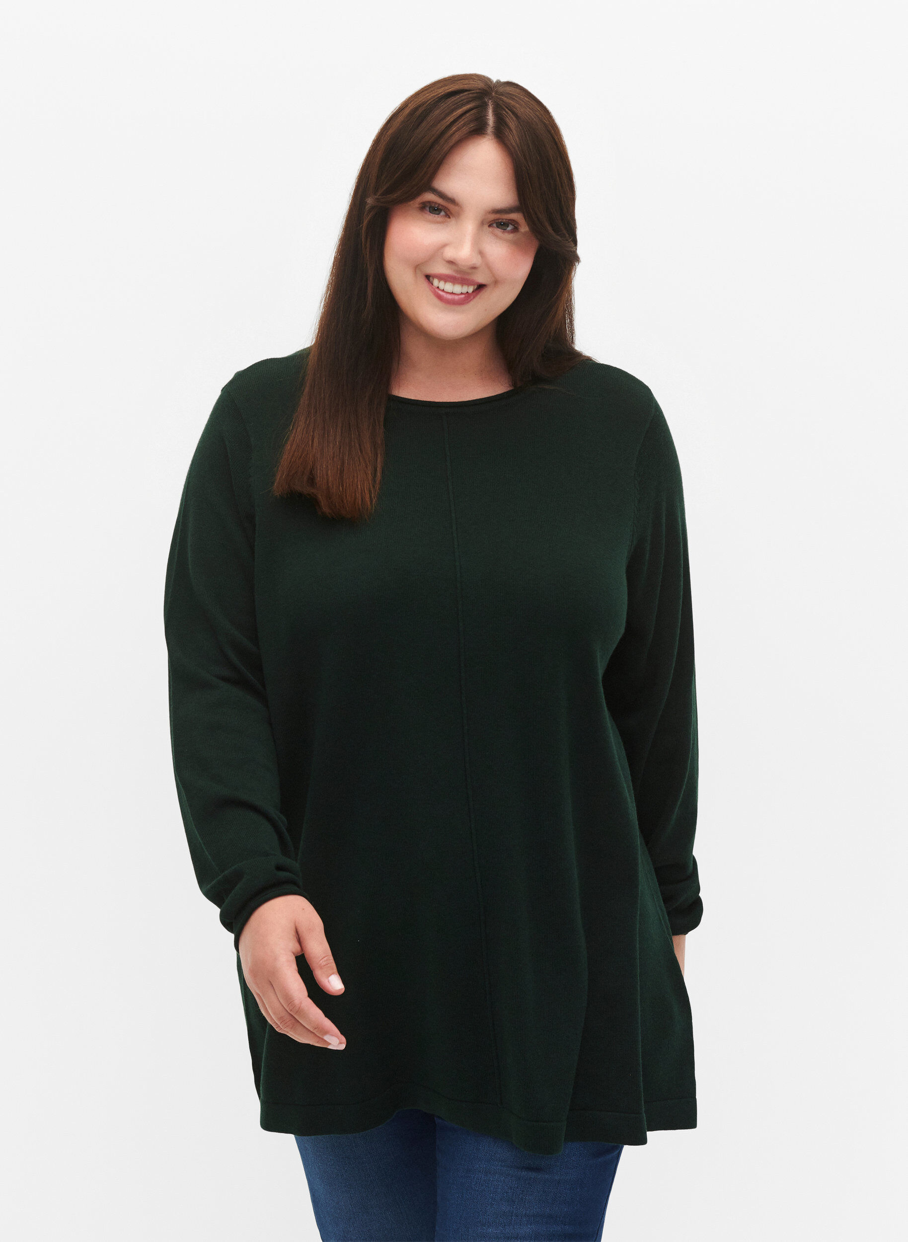 Strikbluse i bomulds-viskosemix, Gr&oslash;n, Model