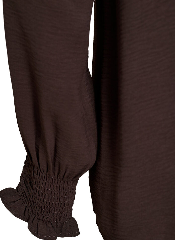 Bluse med smock manchetter og V-udsk&aelig;ring, Brun, Packshot image number 3