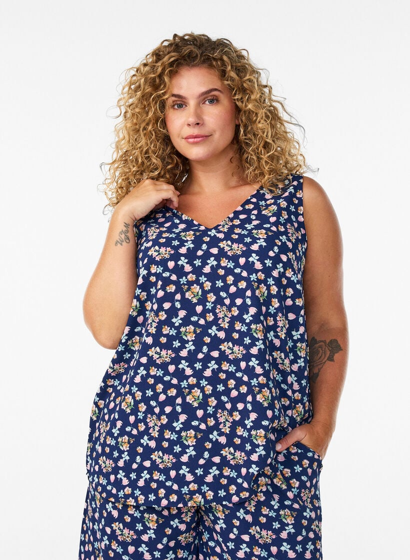 Printet top med v-hals , Bl&aring;, Model image number 0