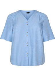 Skjortebluse med v-hals og korte &aelig;rmer, Bl&aring;