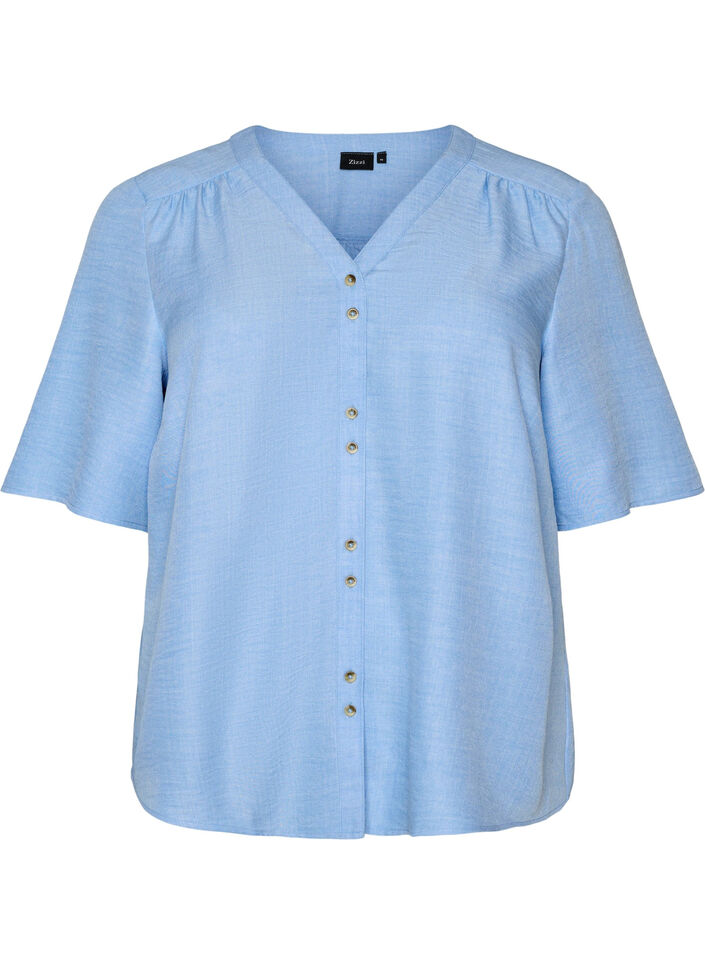 Skjortebluse med v-hals og korte &aelig;rmer, Bl&aring;, Packshot image number 0