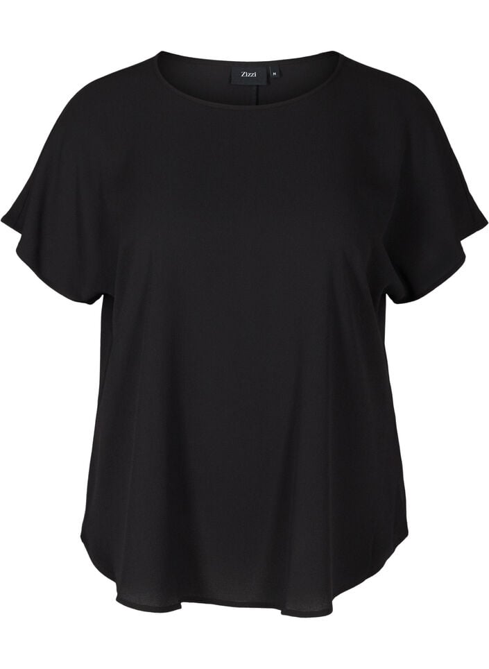 Bluse med korte &aelig;rmer og rund halsudsk&aelig;ring, Sort, Packshot image number 0