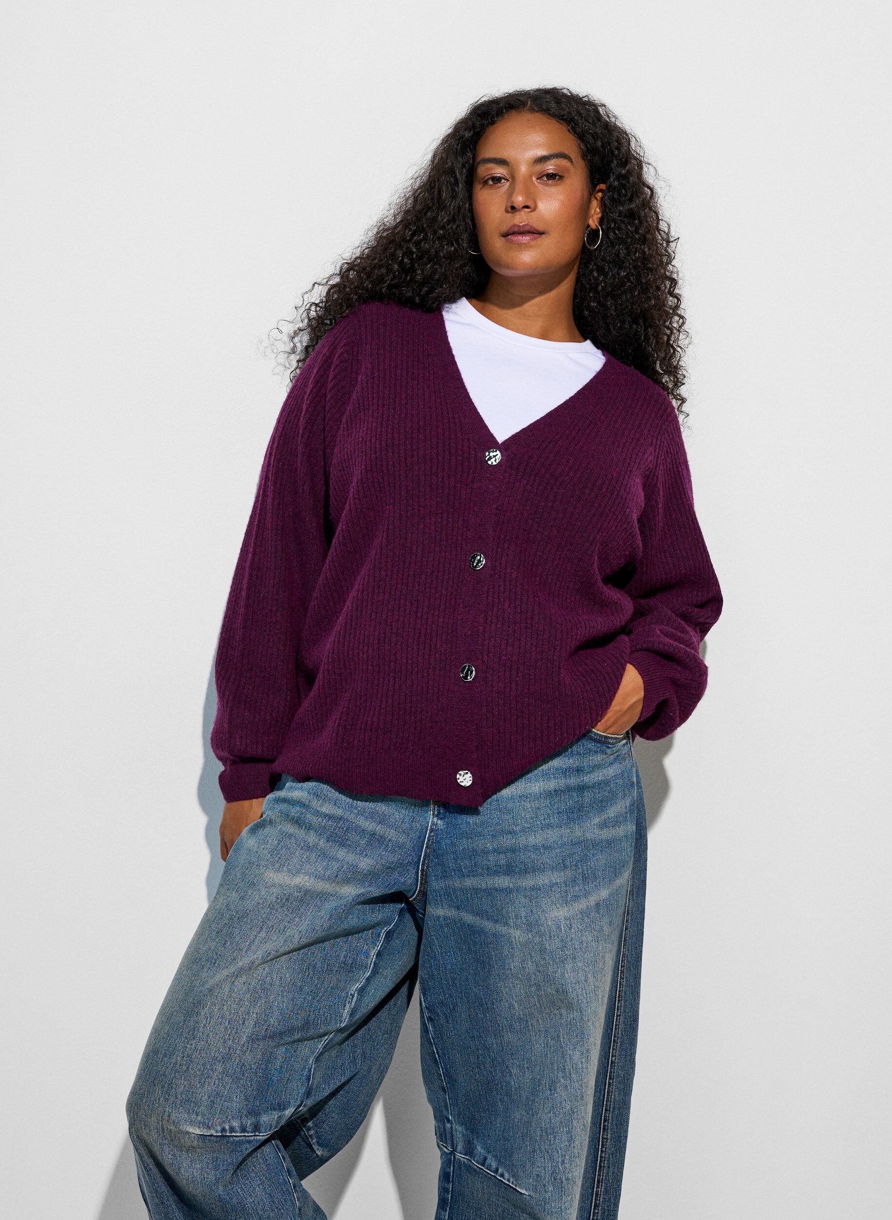 ZizziCardigan med V-hals og ribstruktur, Lilla, Model image number 0