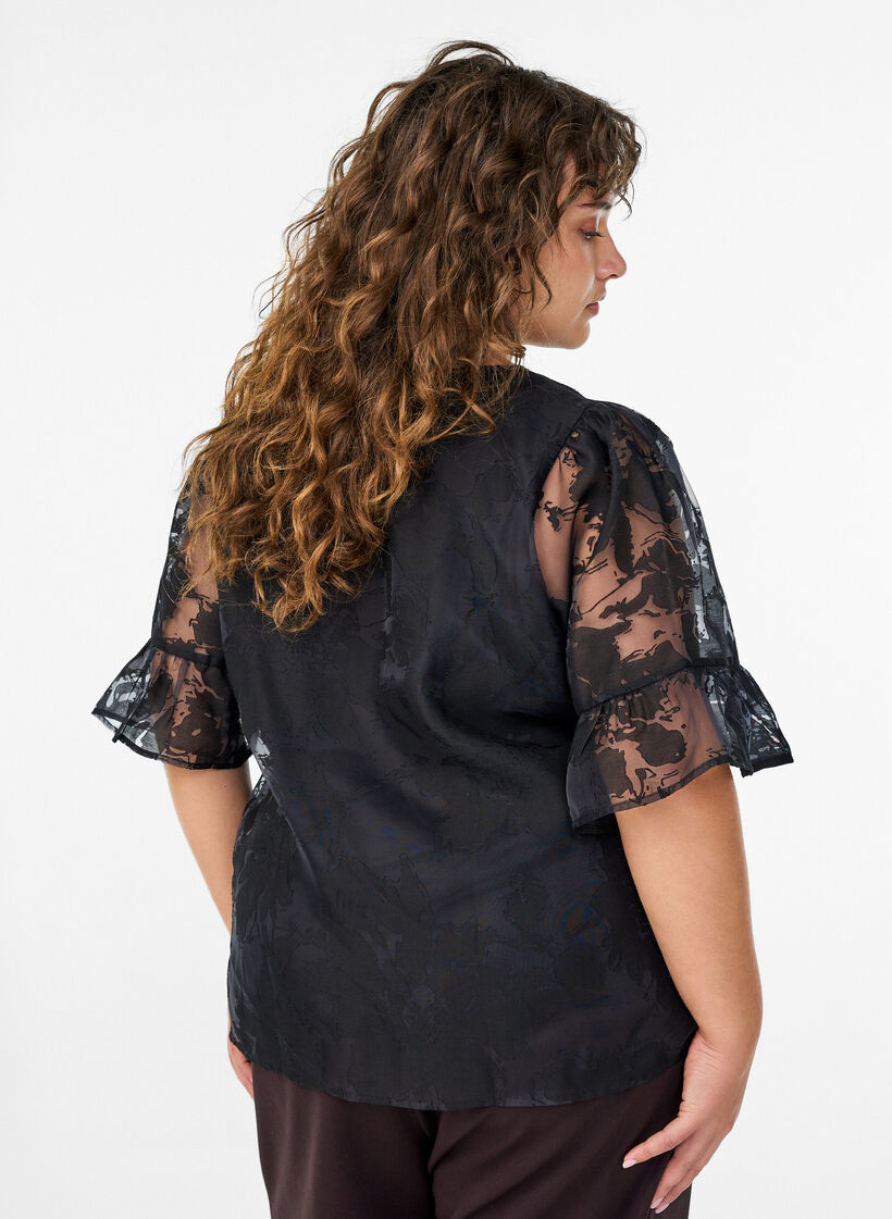 Festbluse i organza-look med tone-i-tone mønster, Sort, Model image number 2