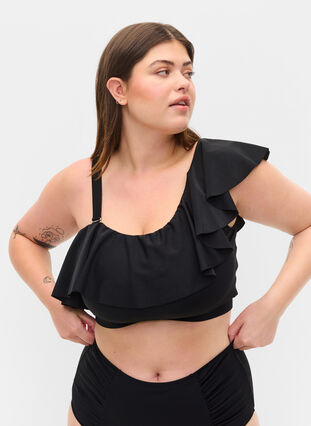 One-shoulder bikini top med flæser , Black, Model image number 0