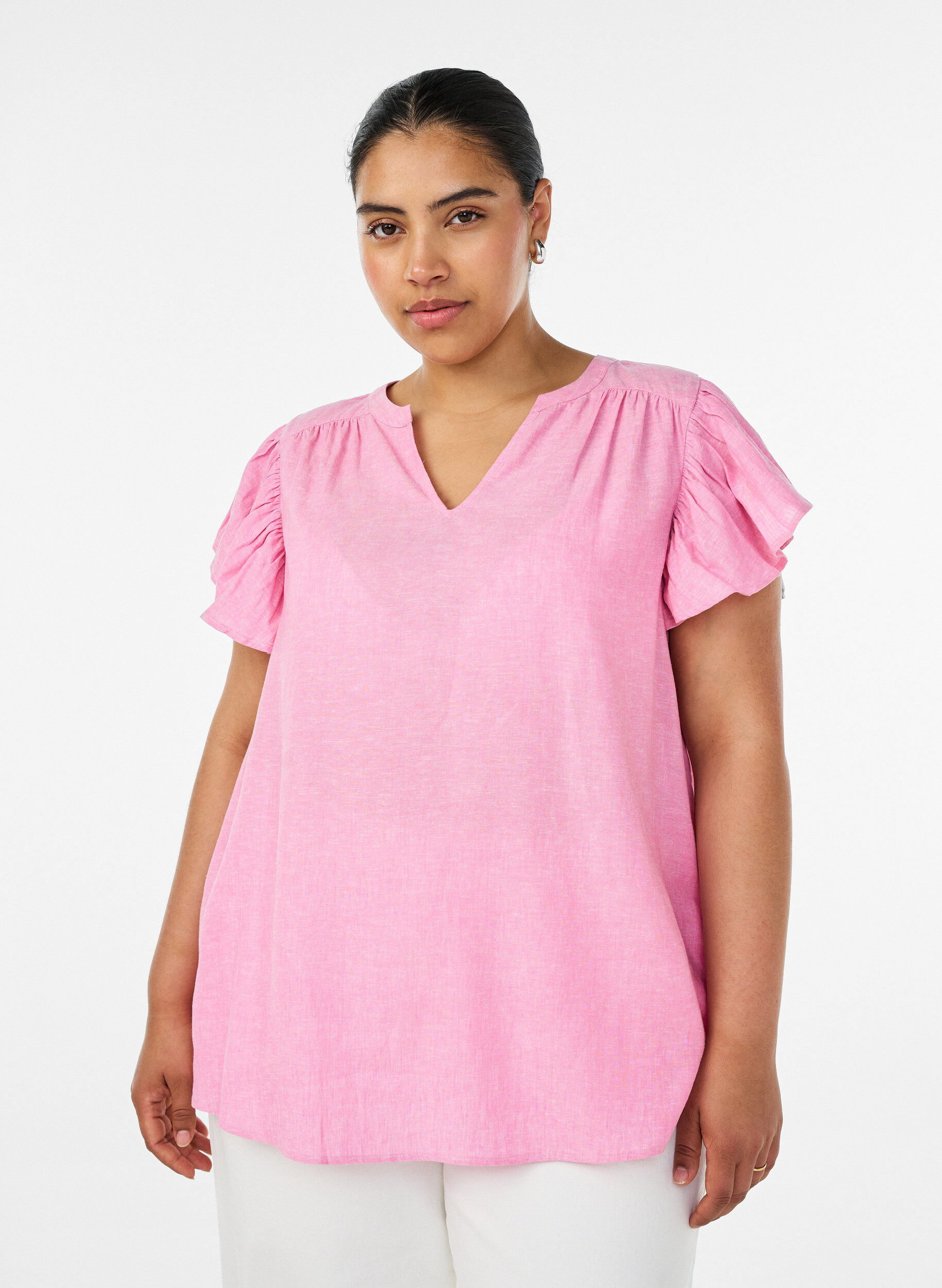 ZizziBluse i viskose og h&oslash;r med fl&aelig;se&aelig;rmer, Lyser&oslash;d, Model image number 0