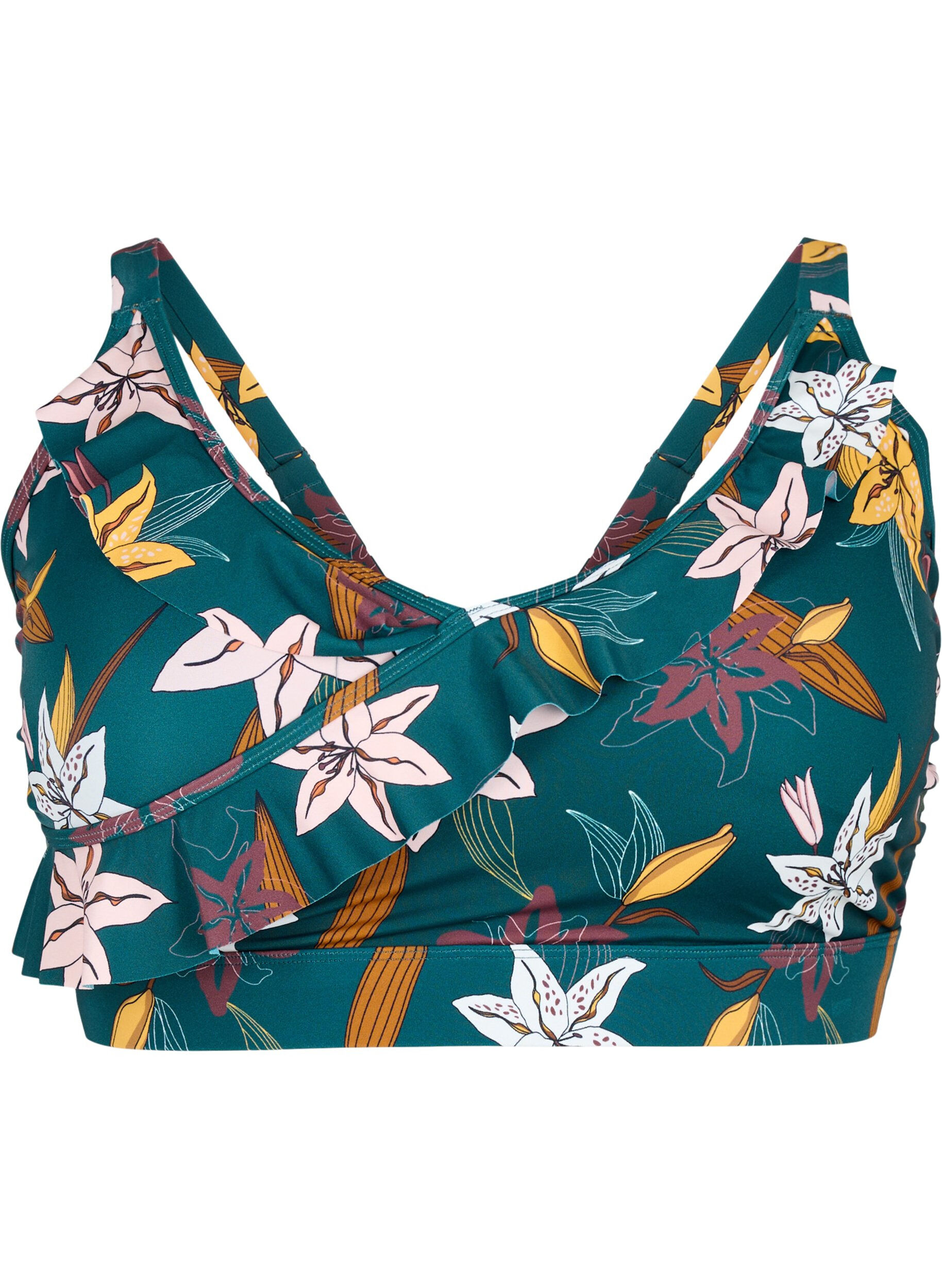 ZizziBlomstret bikini bh med fl&aelig;sedetaljer, Gr&oslash;n, Packshot image number 0