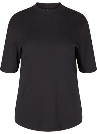 Bomulds bluse i rib med 2/4 ærmer, Black, Packshot image number 0