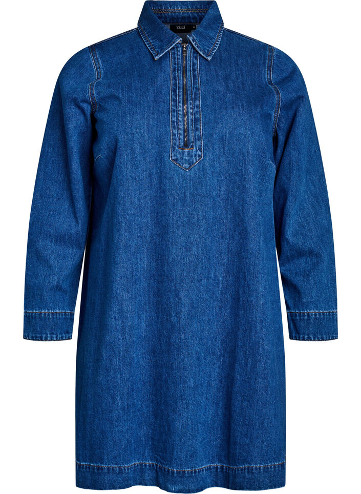 Kort denimkjole med lynlåsdetalje og krave, Blå, Packshot image number 0