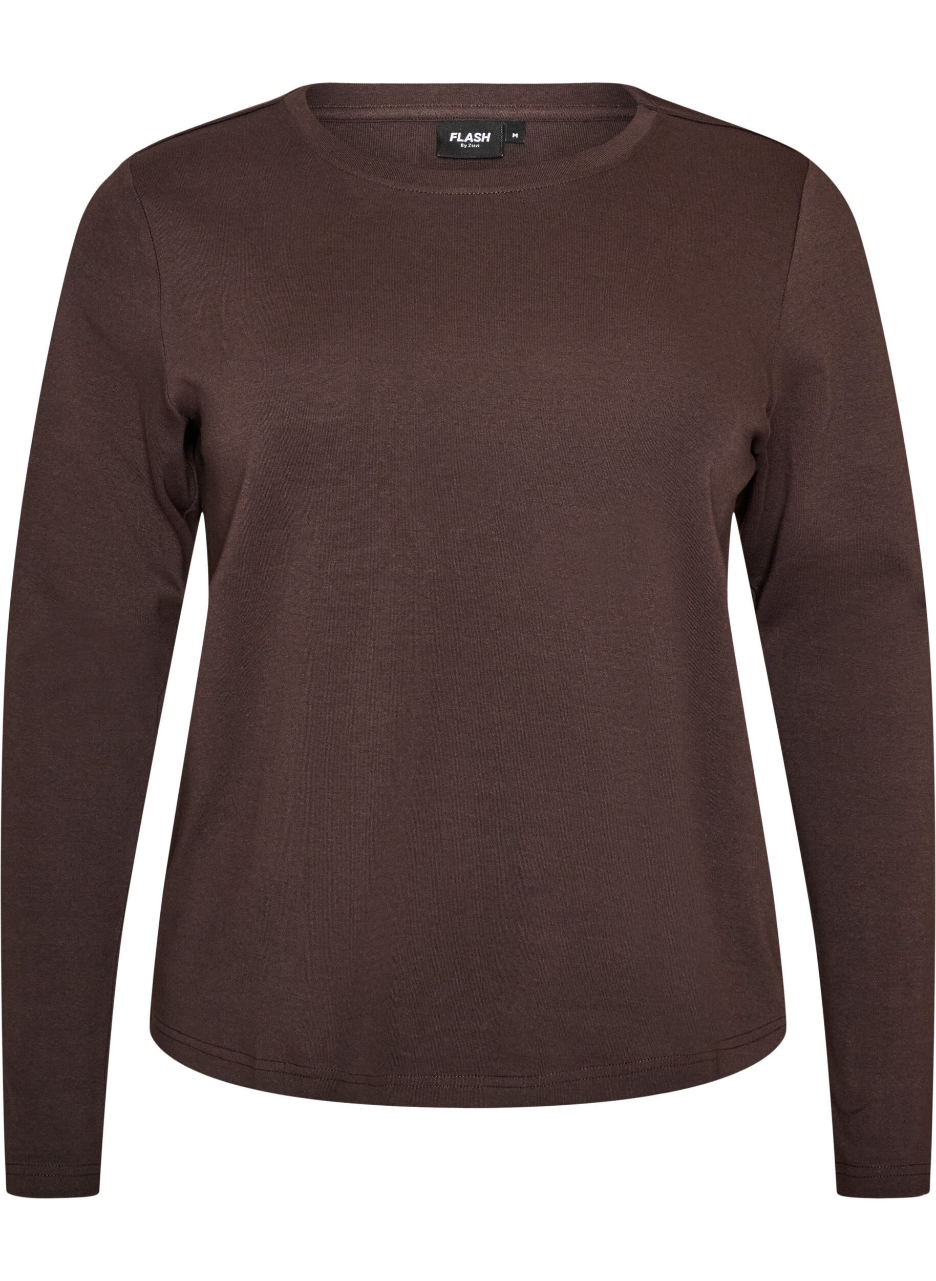 ZizziLang&aelig;rmet basis T-shirt med rund hals, Brun, Packshot image number 0