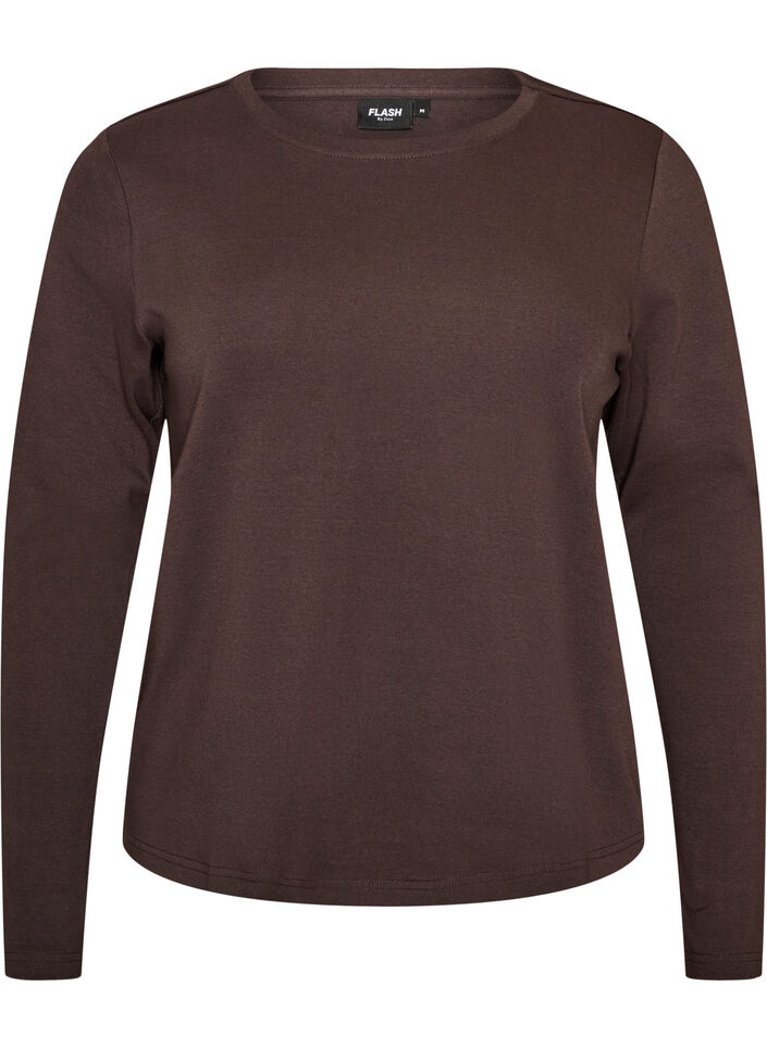 Lang&aelig;rmet basis T-shirt med rund hals, Brun, Packshot image number 0