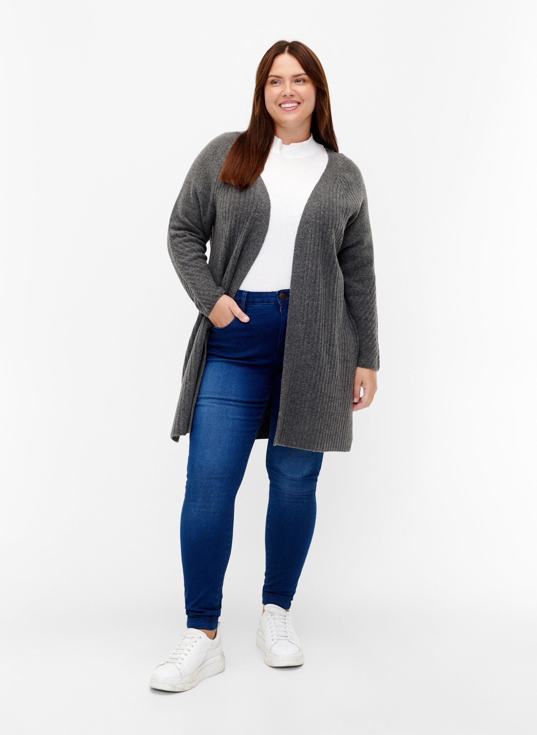 Zizzi Lang ribstrikket cardigan, Dark Grey Melange, Model image number 2