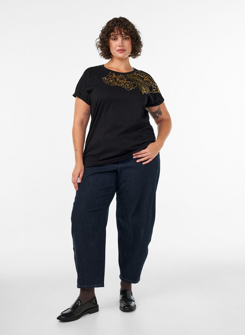 T-shirt i bomuld med blomstermotiv, Sort, Model image number 1