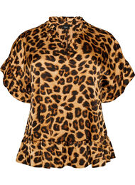 Bluse med leopardprint og fl&aelig;sedetaljer, Brun