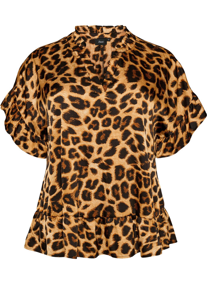 Bluse med leopardprint og fl&aelig;sedetaljer, Brun, Packshot image number 0