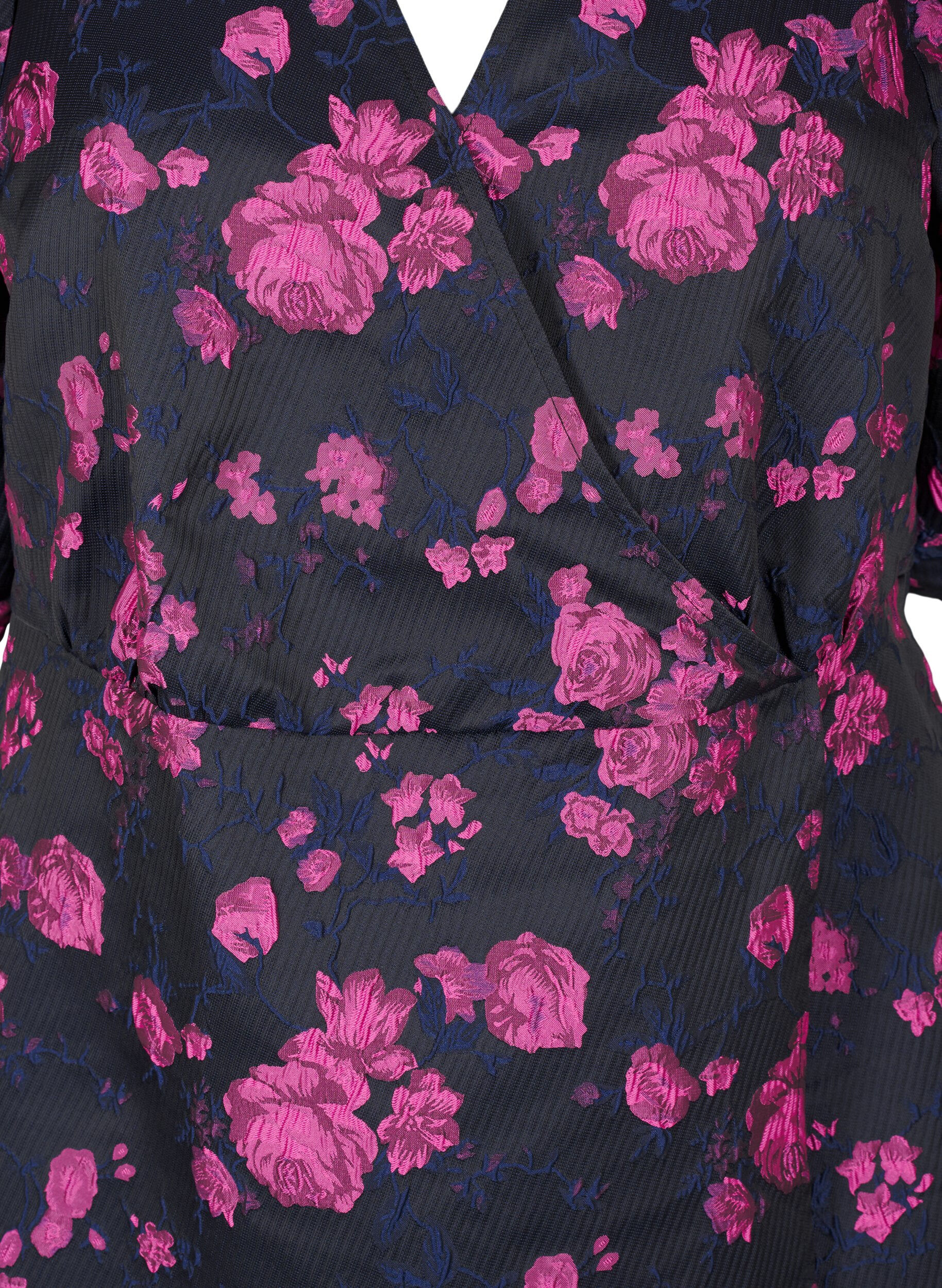 Zizzi Kort jacquard kjole med wraplook, Black w. Red Rose, Packshot image number 2