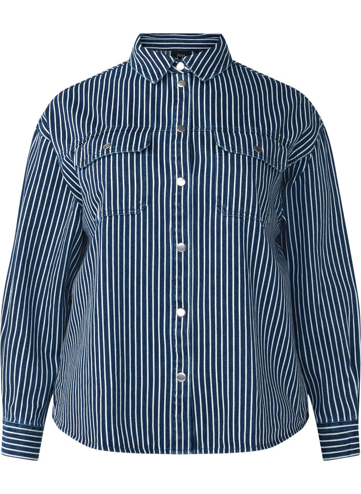 Stribet denimskjorte med brystlommer, Blue Denim Stripe, Packshot image number 0
