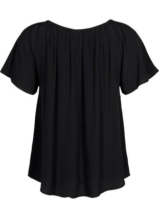 Ensfarvet viskose bluse med korte ærmer, Black, Packshot image number 1